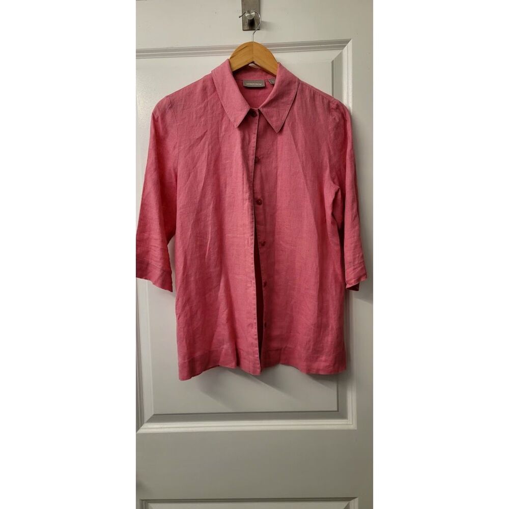 Nordstrom Classic Ladies Linen Spring Summer Shirt Quarter Sleeve Pink Sz. S